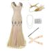 Women's Retro Sequined Dress Set V Neck Fringe Skirt Beaded Evening Gown Party Suit Regular Fit Spring/Autumn_ecoleips.com