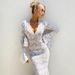 Women's Clothing Sexy Deep V Neck See Through Patchwork Bodycon Dress Women's Lace Patterned Bell Sleeve Pure Alluring Autumn Winter Style_ecoleips.com