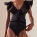 Women's Clothing Black One-Piece Backless Swimsuit With Lace Hemline Adult Pure Color Polyester Fabric_ecoleips.com