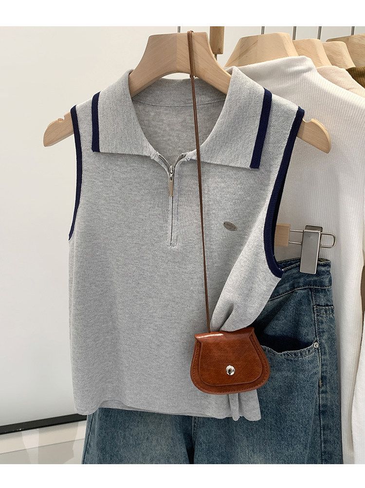 Women's Red Sleeveless Knitted Vest High-End Design Half Zip Collar Summer Outerwear Niche Top_ecoleips.com
