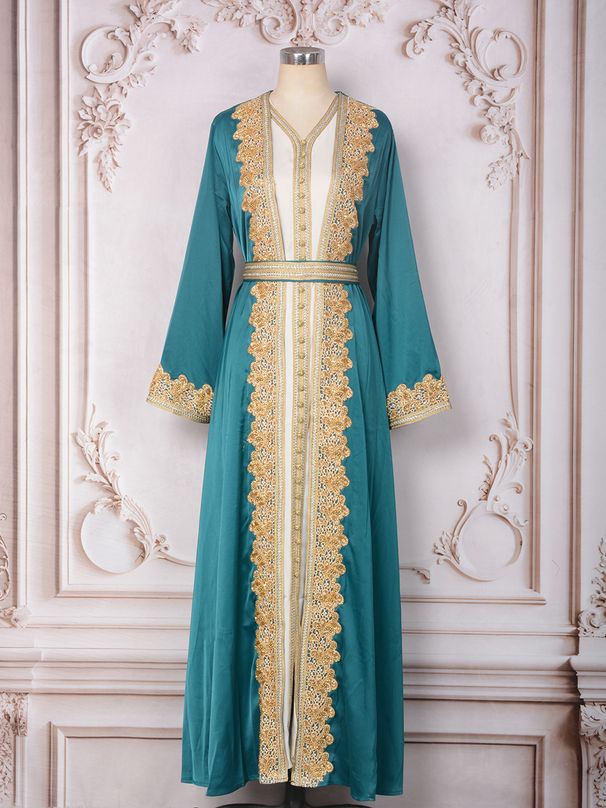 Verve Women's Fashion Beaded Long Robe Two-Piece Set New Party Evening Muslim Dress_ecoleips.com