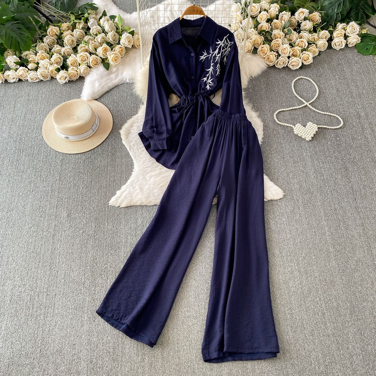 Korean Style Women's Sun Protective Long Sleeved Shirt And High Waisted Wide Leg Trousers Two Piece Set Bamboo Leaf Embroidered Casual Outfit_ecoleips.com