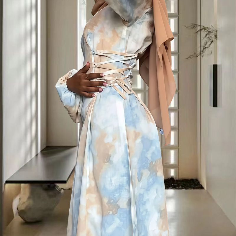 Women's Clothing Elegant Tie-Dye Long Sleeve Dress – Modest Lantern Sleeves & Side-Tie Waist (S-XL)_ecoleips.com
