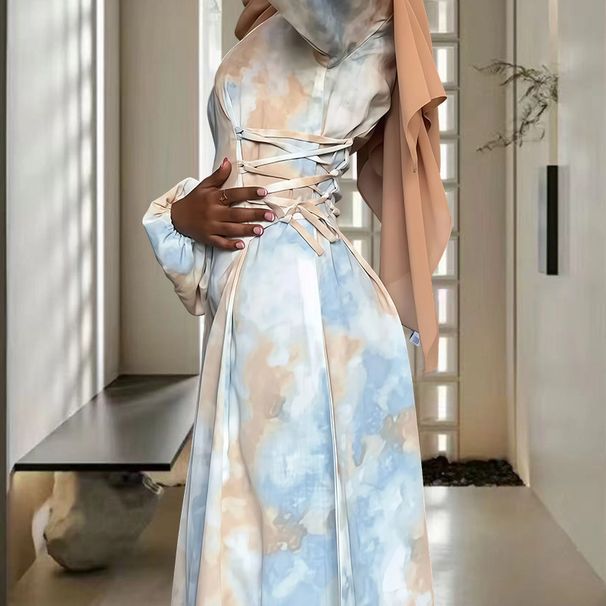 Women's Clothing Elegant Tie-Dye Long Sleeve Dress – Modest Lantern Sleeves & Side-Tie Waist (S-XL)_ecoleips.com