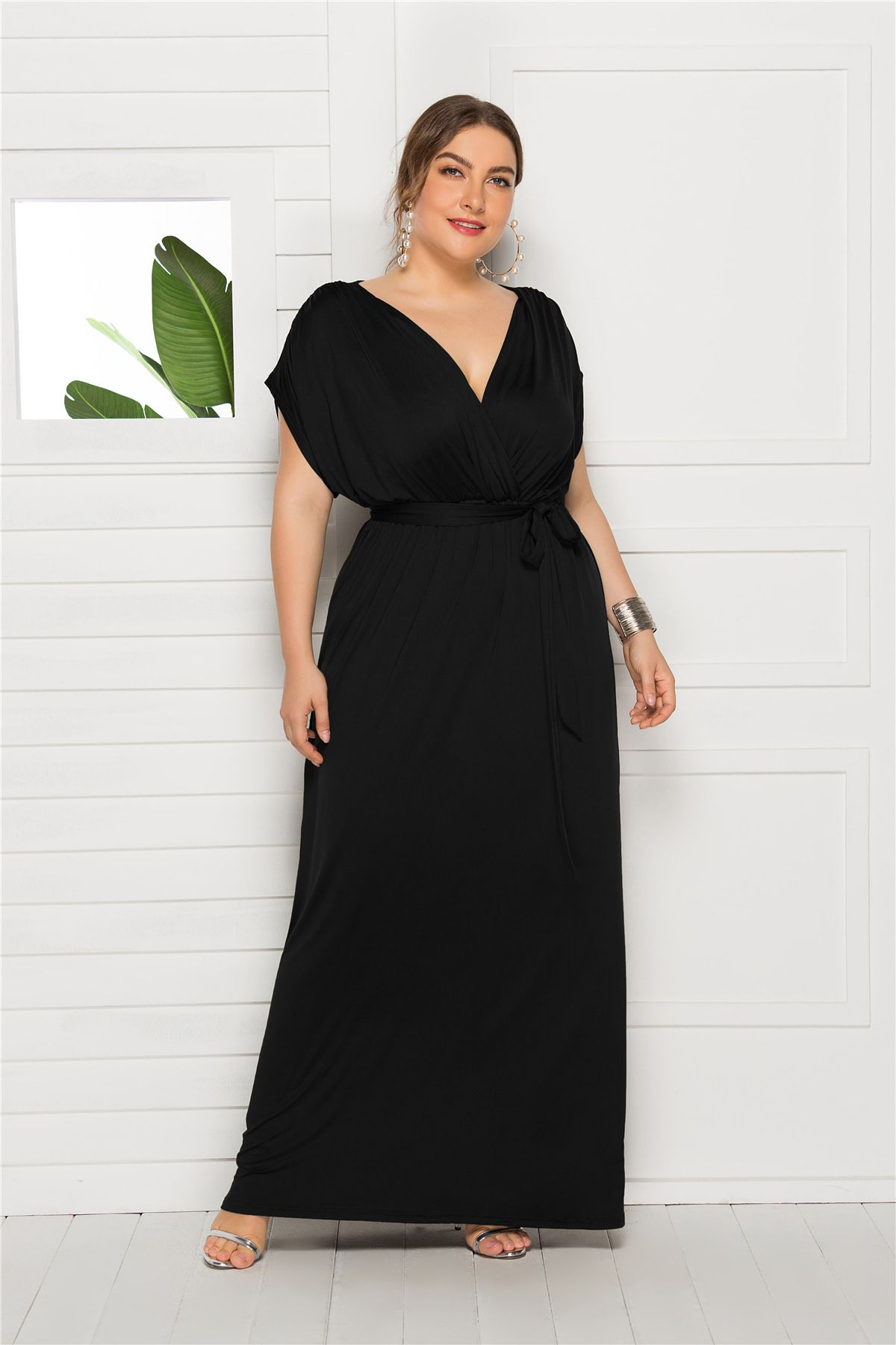Women's Clothing New Sexy Solid Color V Neck Loose Swing Dress_ecoleips.com