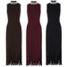 Elegant Pearl-Embellished High-Neck Sleeveless Knit Dress With Waist Accent & Fringe Detail Versatile Styling_ecoleips.com