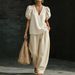 Women's V-Neck Bubble Sleeve Short Sleeve Top And Shorts Set, Solid Color Casual Summer Outfit_ecoleips.com