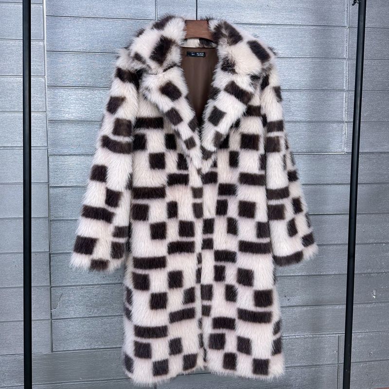 Faux Fox Fur Checkered Long Trench Coat With Polo Collar - Oversized Winter Coat For Women, Streetwear Fashion Outerwear_ecoleips.com