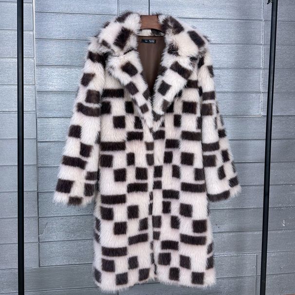 Faux Fox Fur Checkered Long Trench Coat With Polo Collar - Oversized Winter Coat For Women, Streetwear Fashion Outerwear_ecoleips.com