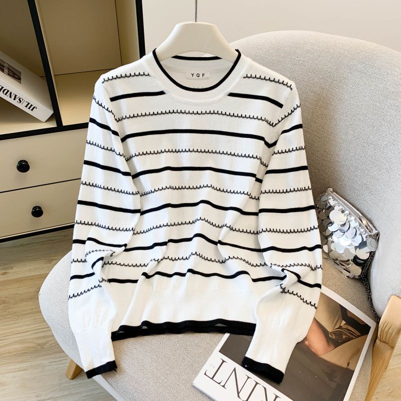 Women's Clothing Style Striped Round Neck Knit Sweater For Women Autumn Long Sleeve For Formal & Casual For Women_ecoleips.com