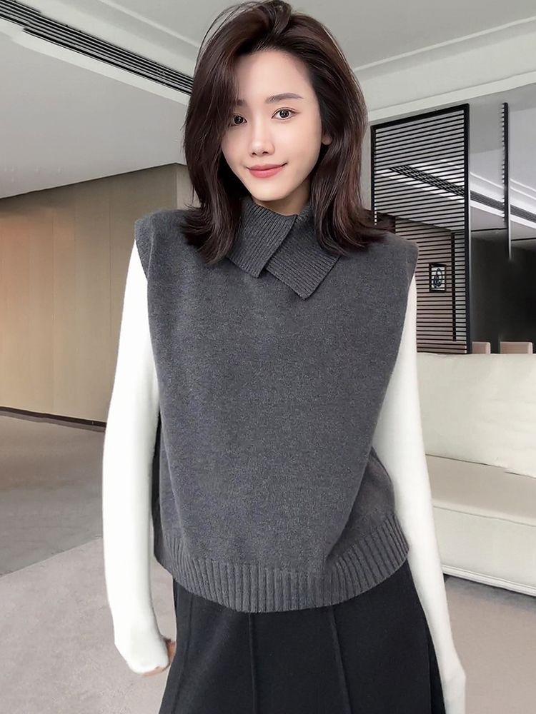 Aria Basics Slimming Figure-flattering Lapel Knit Vest For Women, Autumn And Winter Minimalist Style, Layered Warm Inner Wear, Wool_ecoleips.com