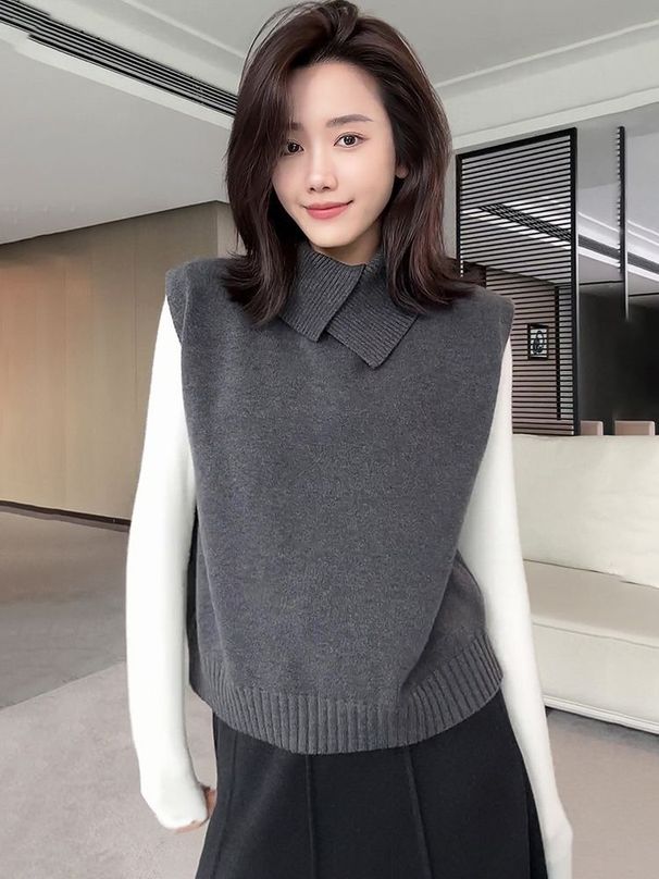 Aria Basics Slimming Figure-flattering Lapel Knit Vest For Women, Autumn And Winter Minimalist Style, Layered Warm Inner Wear, Wool_ecoleips.com