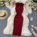 European And American Stand Up Collar Button Down Slim Fit Stretch Knitted Vest Skirt With Slim Waist And Medium Length Hip Wrapped Bottoming Skirt_ecoleips.com