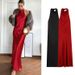 Women's Satin Halter Neck Maxi Dress – High-Waisted Backless Evening Gown With Slit, Stretch Polyester For Clubwear & Vacation (Red/Black)_ecoleips.com