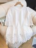 Korean Style Loose Plus Size Short Sleeve T-Shirt Round Neck Lace Splicing Pure Color Slimming Anti-Aging Versatile Women's Top_ecoleips.com