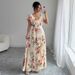 Voya Hot Selling Women's V-neck Digital Floral Print Vacation Ruffle Waist A-line Elegant Romantic Women's Dress_ecoleips.com