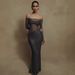 Elegant Rhinestone Off-Shoulder Long Sleeve Dress - Hollow Out Waist Tailored Mermaid Evening Gown_ecoleips.com