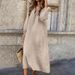 A Long, Fashionable And Loose Cotton And Linen Solid-Color Long-Sleeved V-Neck Button Dress_ecoleips.com