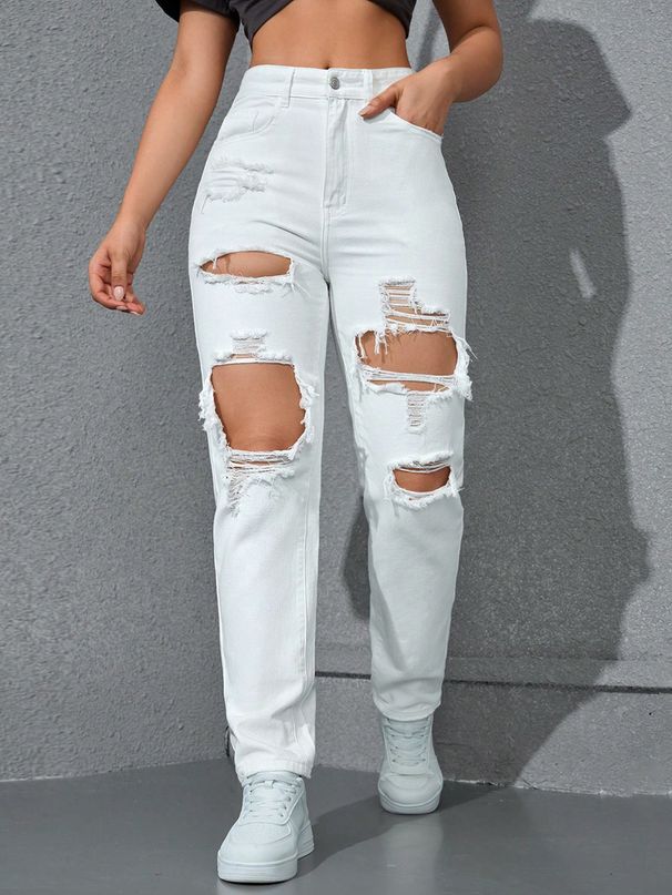 High Waisted Loose Fitting Ripped Jeans for Women European American Street Style Trendy Wide Leg Straight Leg Distressed Pants_ecoleips.com