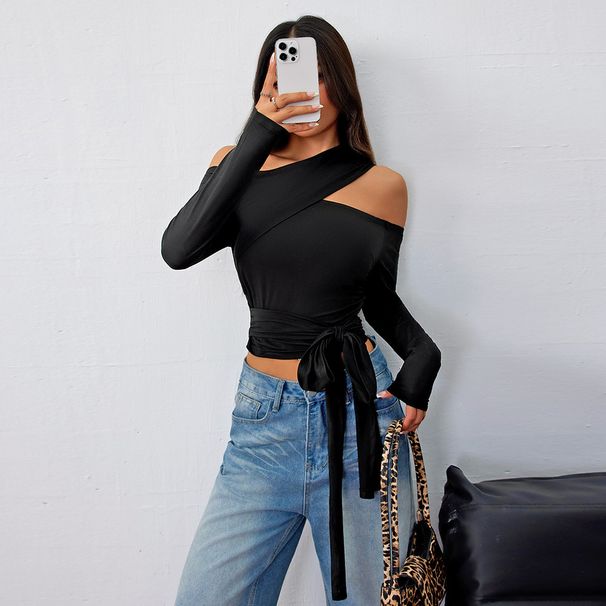 Voya Women's 2026 Spring/Summer New Street Trendy T-shirt Irregular Design Long Sleeve Top_ecoleips.com