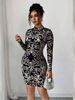 Women Dress High Neck Long Sleeve Baroque Print Ruched Bodycon Mini Gown Glam New Spring Summer Luxe Dress Party Club Flattering_ecoleips.com