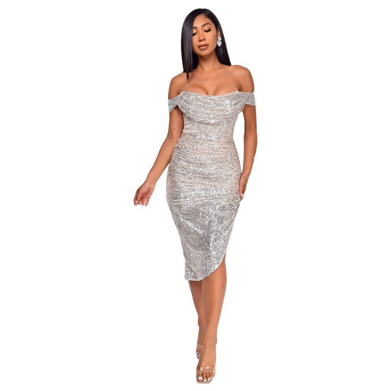 Verve Women's Summer Sequin Side Slit Gown French Off-Shoulder Bodycon Dress_ecoleips.com