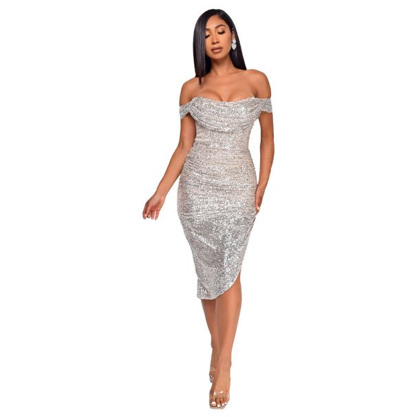 Verve Women's Summer Sequin Side Slit Gown French Off-Shoulder Bodycon Dress_ecoleips.com