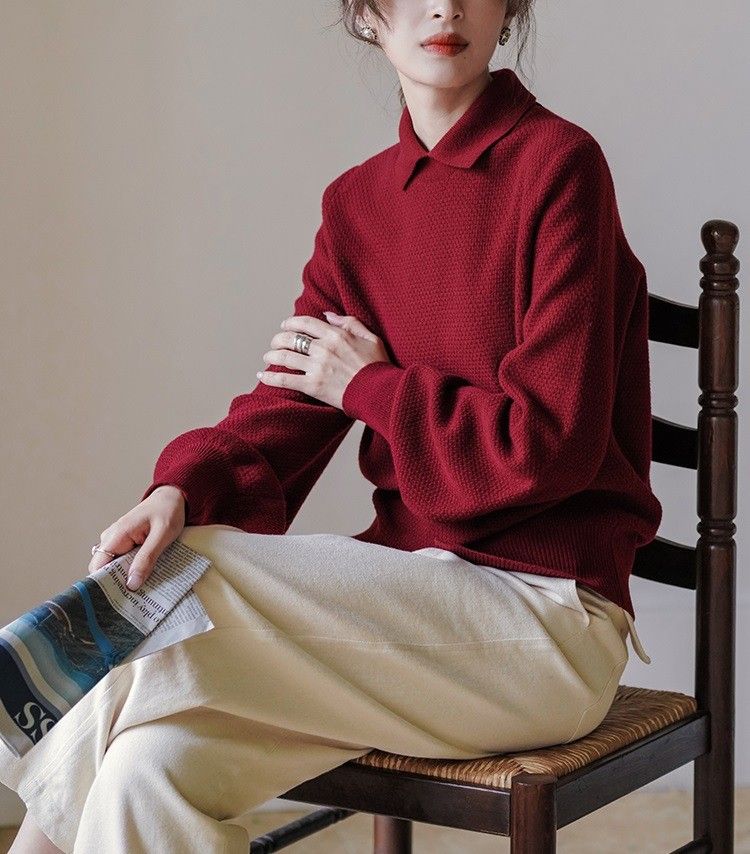girl 「White Drawing」Wool Retro French Waffle Knit Puff Sleeve New Year Christmas Red Sweater_ecoleips.com