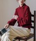 girl 「White Drawing」Wool Retro French Waffle Knit Puff Sleeve New Year Christmas Red Sweater_ecoleips.com