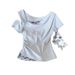 2025 Summer New Pure Desire Hot Girl Off-Shoulder Patchwork Plaid Short-Sleeve T-Shirt For Women, Two-Piece Ruched_ecoleips.com