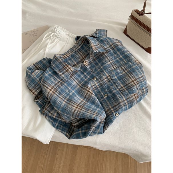 Blue Checkered Long-Sleeved Shirt Jacket For Women, Perfect For Spring/Autumn Seasons A Stylish, Retro-Inspired Top Wi_ecoleips.com