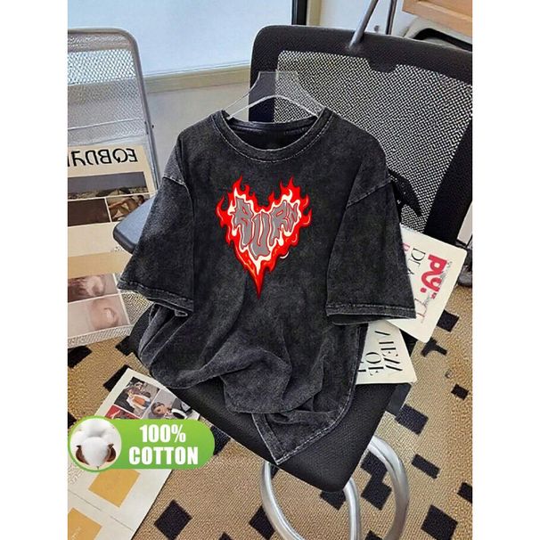 Handmade Love Flame Heart Pattern Women's Cotton Top European Size 230 G Streetwear_ecoleips.com