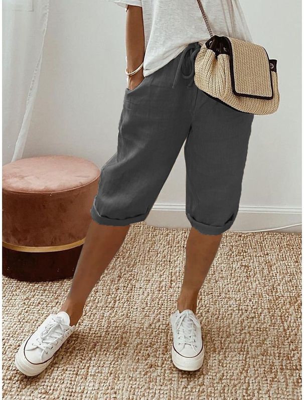 Women's Breathable Linen Cotton Casual Shorts Drawstring Waist Mid-Rise 5-Pocket Culottes Comfortable Summer Wide Leg Short Pants_ecoleips.com