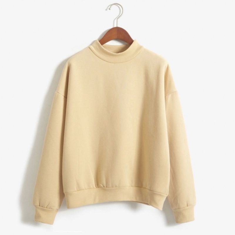 Solid Color Sweatshirt Women's Fleece Candy Small Turtleneck Loose Casual Long Sleeve Pullover Top Wholesale_ecoleips.com