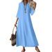 This Three-Quarter Sleeve Dress With A Zipper At The Back, Made Of Cotton And Linen In Solid Color And Fashionable_ecoleips.com