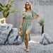 Women Elegant Solid Color V‑Neck Short Sleeve Dress, High Waist Slimming Split Hem Long Maxi Dress For Daily Party Occasions_ecoleips.com