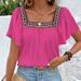 Elegant Summer Vacation Blouse With Lace Embroidery, Square Neckline & Peek-A-Boo Back Detail – Flowy Short Sleeve Top For Women_ecoleips.com