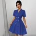 Women's Summer Solid Color Short Sleeve Belted Double Breasted Dress - V-Neck, Midi Length, Workwear & Casual Elegance_ecoleips.com
