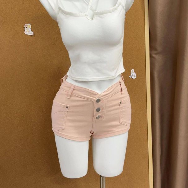 Women's High Waist Slimming Denim Shorts Pink Single Breasted Slim Straight Leg Hot Pants Versatile Spring Summer Hot Girl Style_ecoleips.com