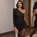 Women's Clothing Spring Fashion Sequined One Shoulder Long Sleeved Hip Dress_ecoleips.com