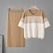 Women's Striped V-Neck T-Shirt And Skirt Set Short-Sleeved Knit Two-Piece Casual Fashion Outfit for Summer_ecoleips.com