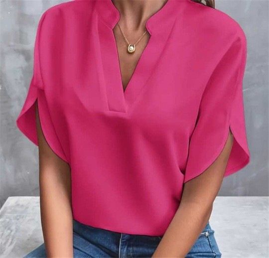 Women's Pure Color V-Neck Short Sleeve Shirt Casual Basic Top for Everyday Wear_ecoleips.com