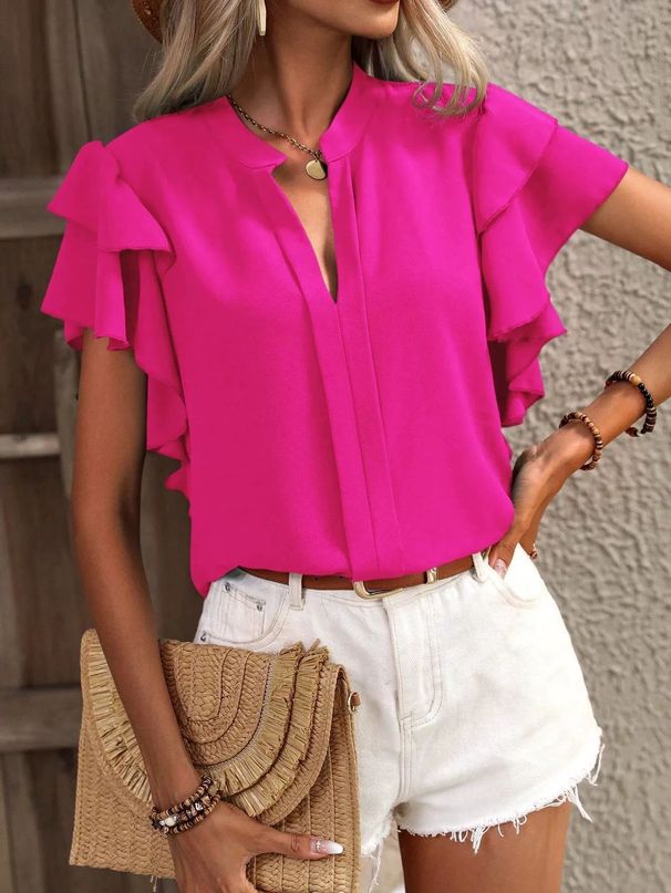 2025 Women's Summer New V-neck Casual Solid Color Shirt Top_ecoleips.com