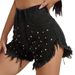 2024 Spring/Summer Amazon New European And American Women's Fashion Sexy Beaded Ultra-Short High-Waisted Raw Edge Denim_ecoleips.com
