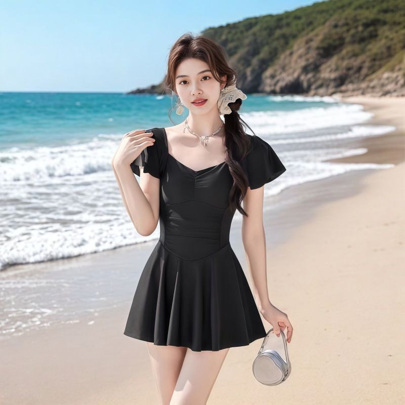 Conservative Slimming One-Piece Swimsuit Women's Sexy Skirt Style High End Vacation Hot Spring Swimwear Short Sleeve Polyester_ecoleips.com