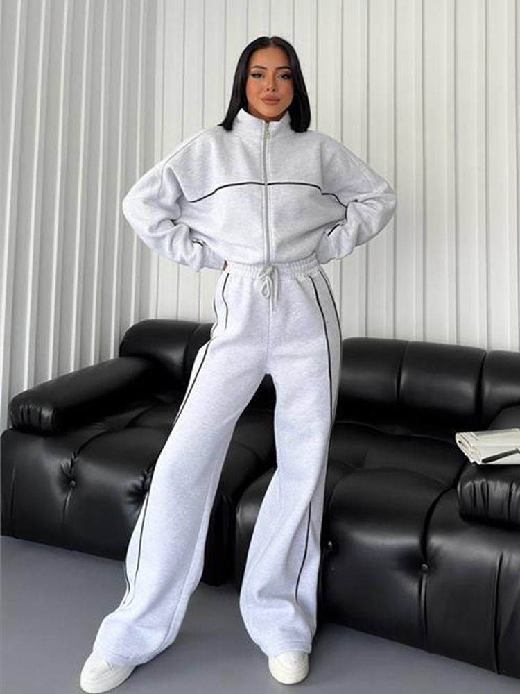 Women's Polyester Blend Stand Collar Zip Hoodie & Striped Drawstring Pants Set - Casual Streetwear (Beige/Light Grey/Black/More, S/M/L/XL)_ecoleips.com