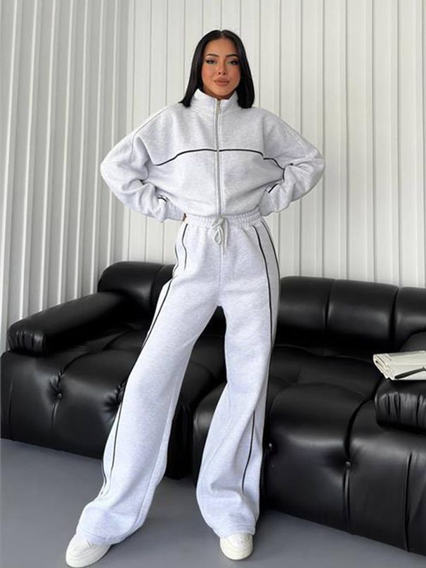 Women's Polyester Blend Stand Collar Zip Hoodie & Striped Drawstring Pants Set - Casual Streetwear (Beige/Light Grey/Black/More, S/M/L/XL)_ecoleips.com