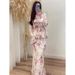 Summer Floral Two-Piece Dress Set – Long Sleeve Ruffled Blouse & A-Line Skirt, Vintage-Inspired With Tie Waist, Breathable Cotton-Polyester Blend_ecoleips.com