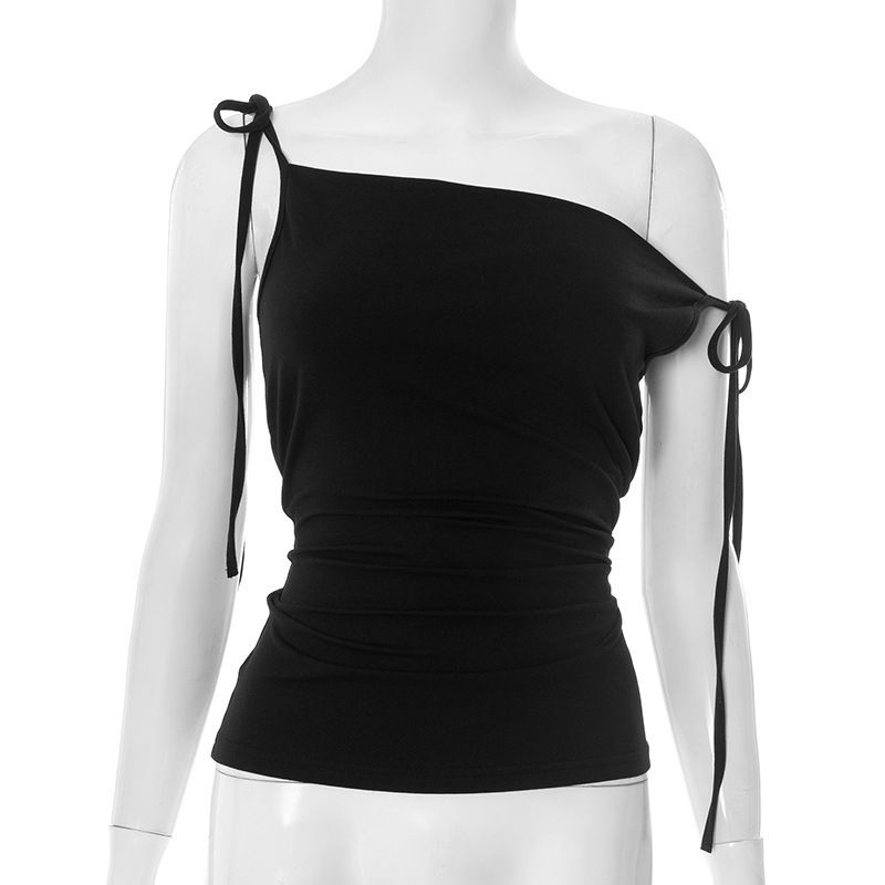 Women's Slim Sexy Off-Shoulder Camisole Summer New Style Solid Color Tie Knot Figure Flattering Vest for Cross-Border Trade_ecoleips.com