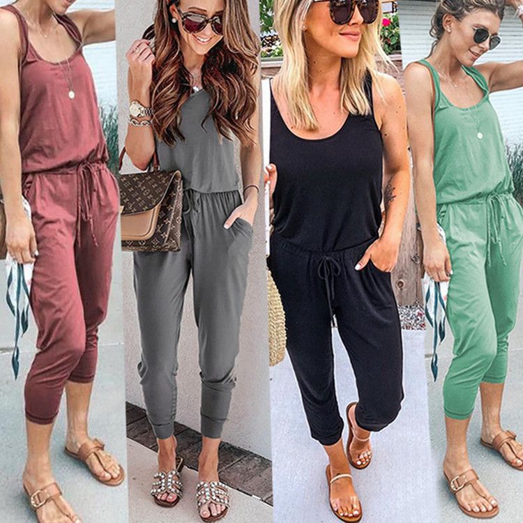 New 4-Color Summer Fashion Strap And Pocketed One-Piece Pants For Women 101166_ecoleips.com